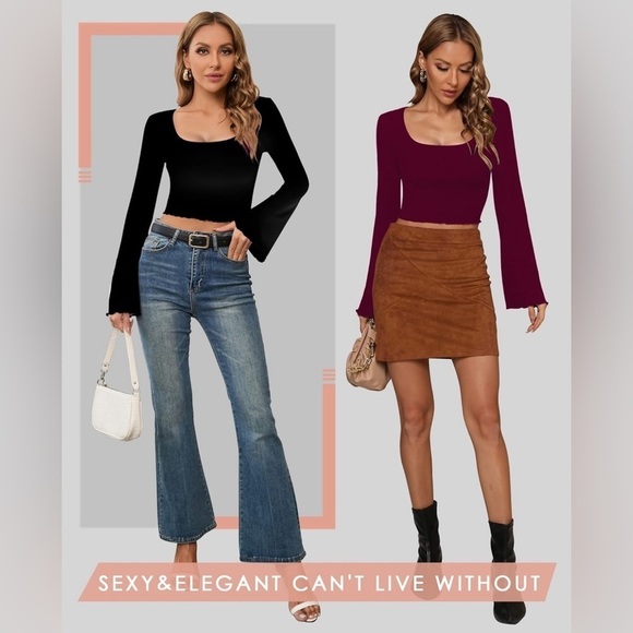 NWT- CLOZOZ Women’s Crop Top Blouse Square Neck, Long Bell Sleeve, Lettuce Trim - Picture 4 of 8